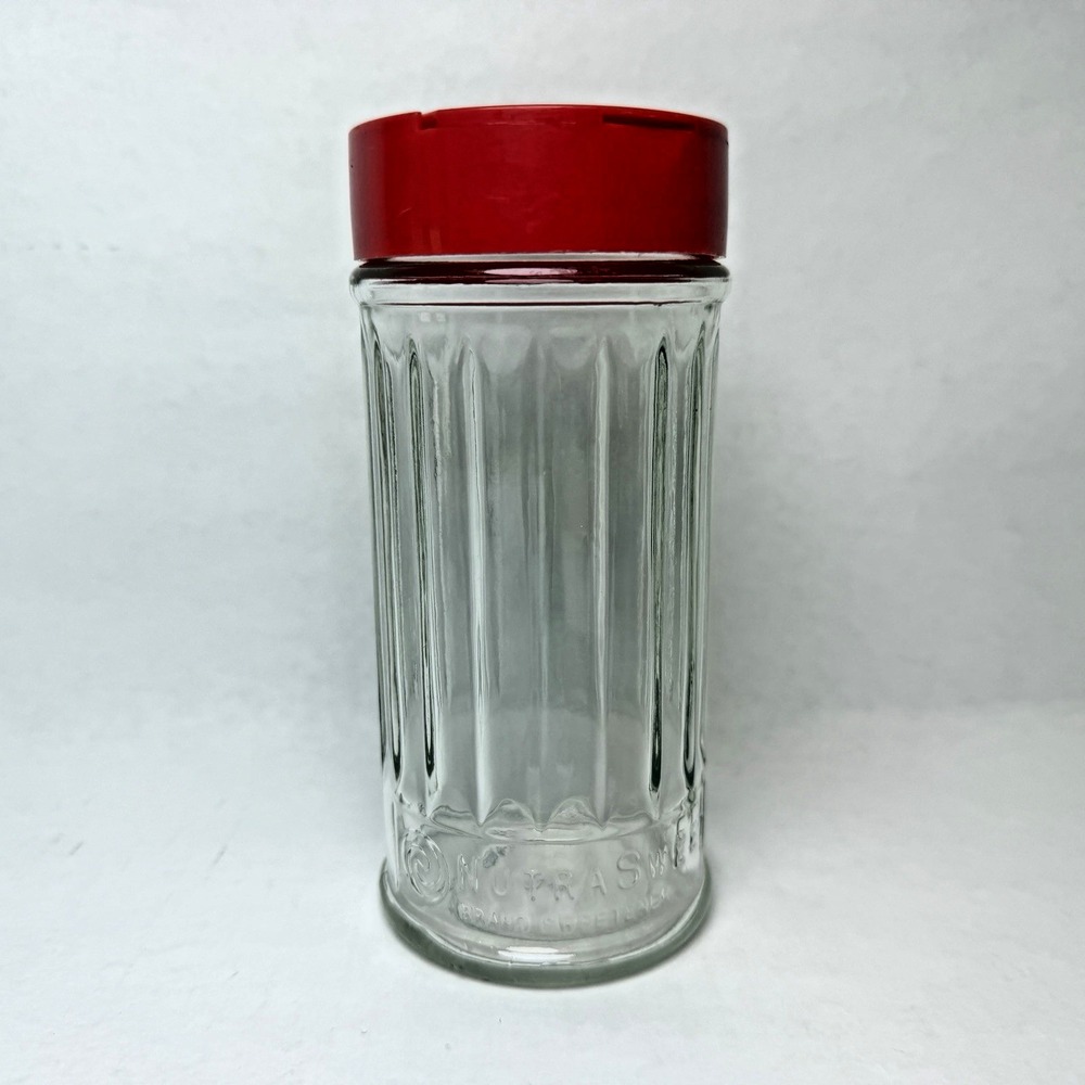 Vintage NutraSweet Brand Sweetener Ribbed Glass Jar w/Plastic Shaker Lid
